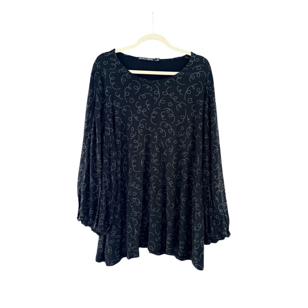 Gudrun Sjoden Lagenlook Printed Tunic Top Size Large Black Whimsical Gray Swirls